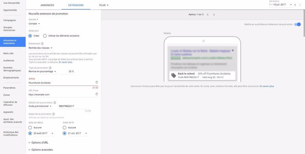Nouvelle interface AdWords : Extension d'annonce Promotion